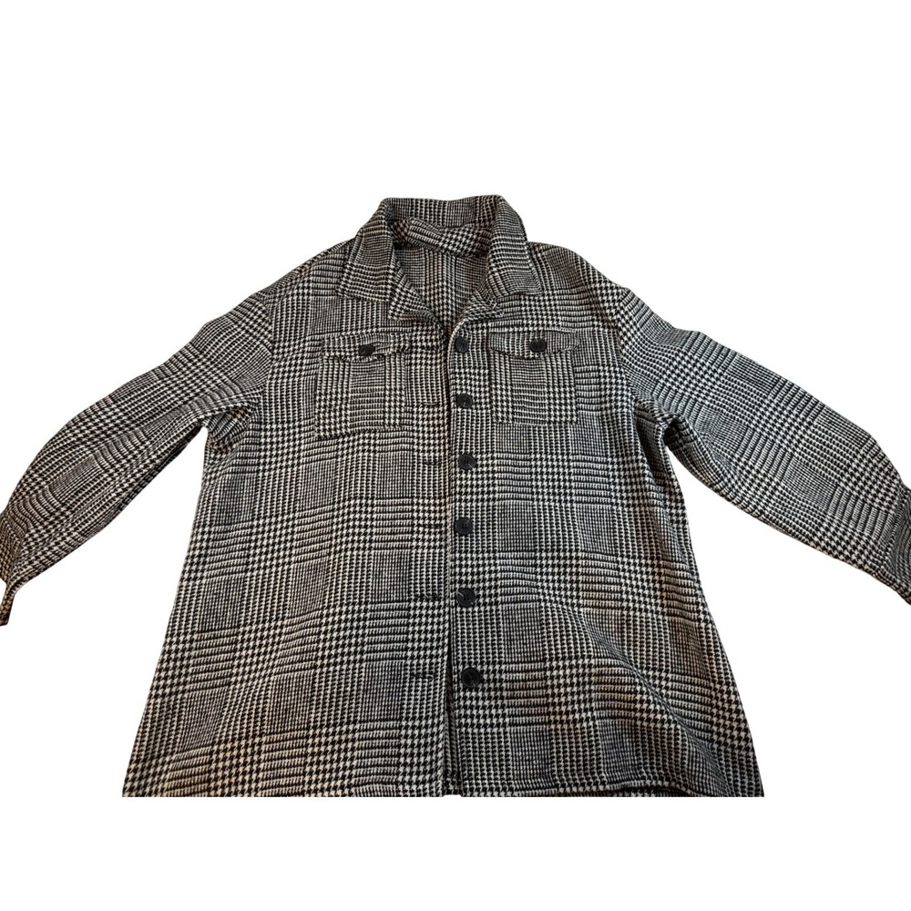 Glen Plaid Houndstooth Button Up Shacket Shirt Jacket Black White Oversized L/XL